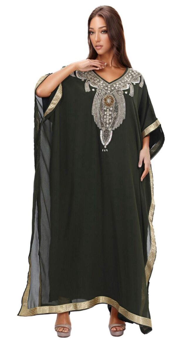 Elegant Gold Accent Floor‑Length Gown Embroidered Kaftan Maxi Dress