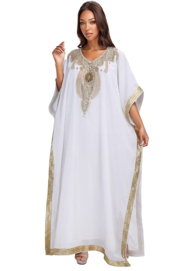 Elegant Gold Accent Floor‑Length Gown Embroidered Kaftan Maxi Dress