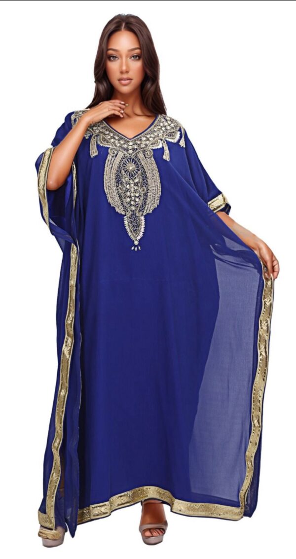Elegant Navy Blue Embroidered Kaftan Maxi Dress